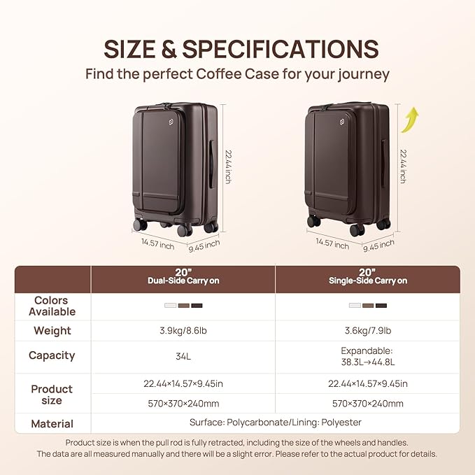 NINETYGO Carry On Luggage 22x14x9 Airline Approved, Top Opening 20 Inch Suitcase with Front Compartment, Expandable, Coffee-Infused PC Shell, Eco-Friendly, Cup Holder, TSA, Spinner Wheels (Americano)