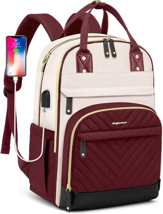 Laptop Backpack for Women Work Bag - 15.6 inch Travel Backpack Purse with USB Charger College Bookbag Waterproof Cute Casual Daypack Business Computer Backpacks for Teacher Nurse Beige Wine Red