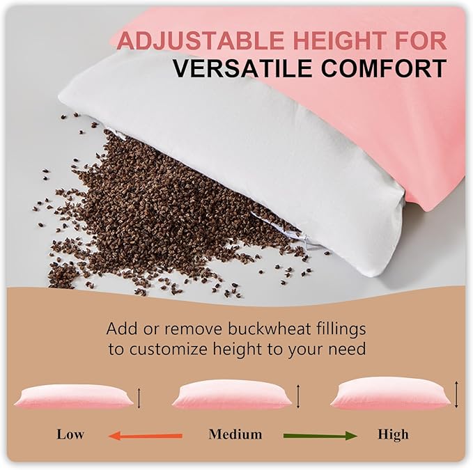 Organic Buckwheat Pillow for Sleeping with Dual-Layer Pillowcase and Extra Tartary Buckwheat Hulls, Adjust Height and Firmness, Neck Support Pillow for Back and Side Sleepers 14"x20", Pink