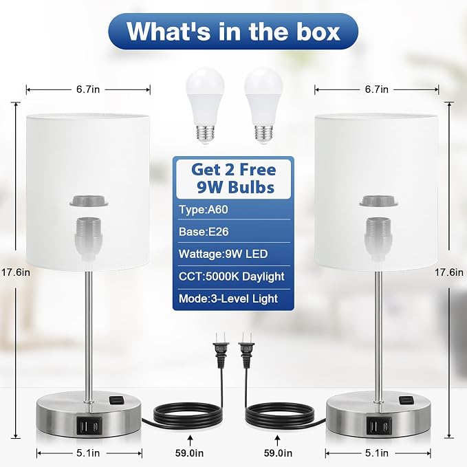 17.6" Silver Touch Lamps for Bedroom Set of 2, Dimmable, USB C+A, AC Outlet | Large 17.6" Tall Lamp, 3-Way Dimming, 5000K Daylight Bulbs, White Lampshade Silver Base, for Living Room, Boys, Men, Girls
