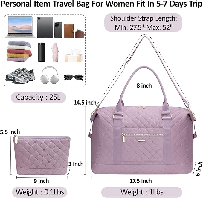 Quilted Travel Duffle Bag for Travel Women with Toiletry Bag, Large Weekender Bags for Women Carry on Duffel Overnight Bag, Waterproof Travel Tote Bags for Sports, Weekender, Business, Purple