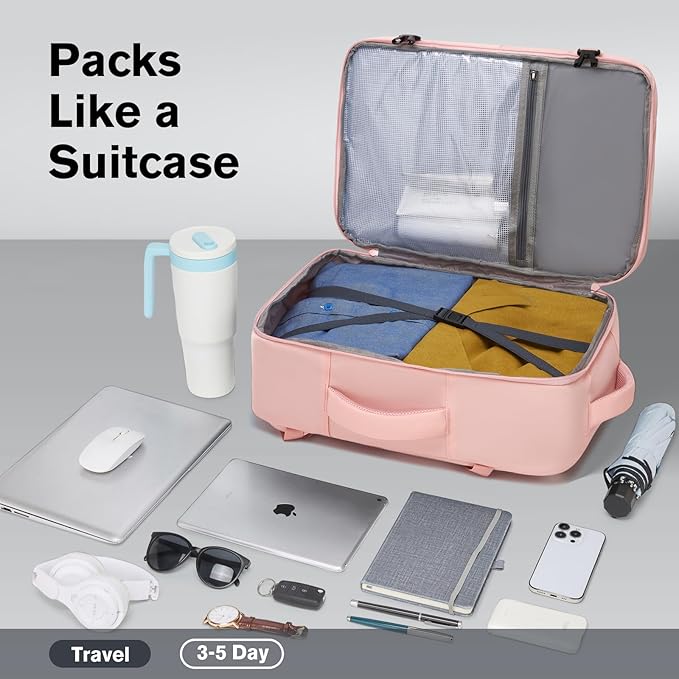 Smart Suitcase-style Laptop Backpack, 25L / 35L Practical Travel Bag for Work, Leisure & Flight, Luggage-Style Commuter Pack (Pink, 25L)