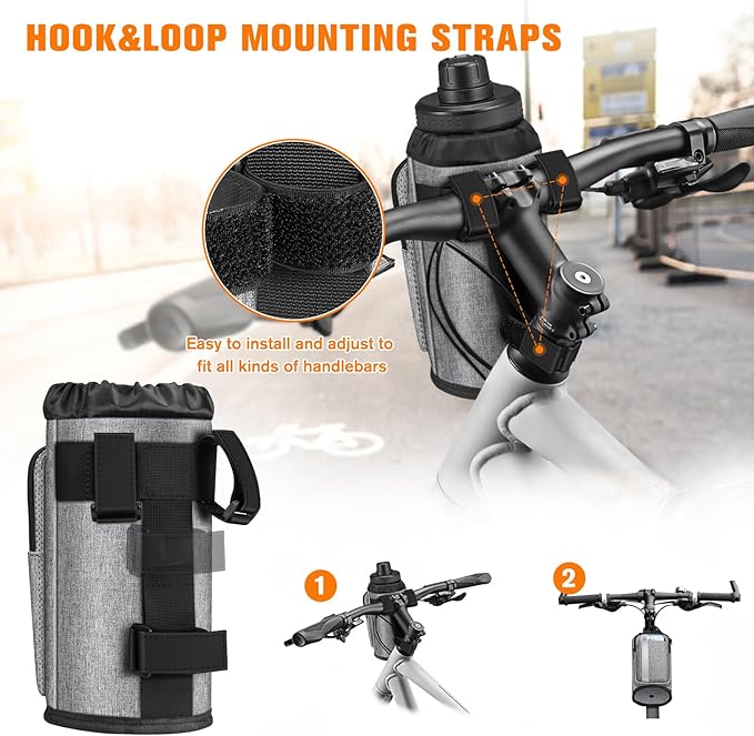 FINPAC Cup Holder for Bike, Universal Water Bottle Holder with Phone Pockets for Stroller Walker Golf Cart Rollator and Scooter, Outdoor, Biking - Gray