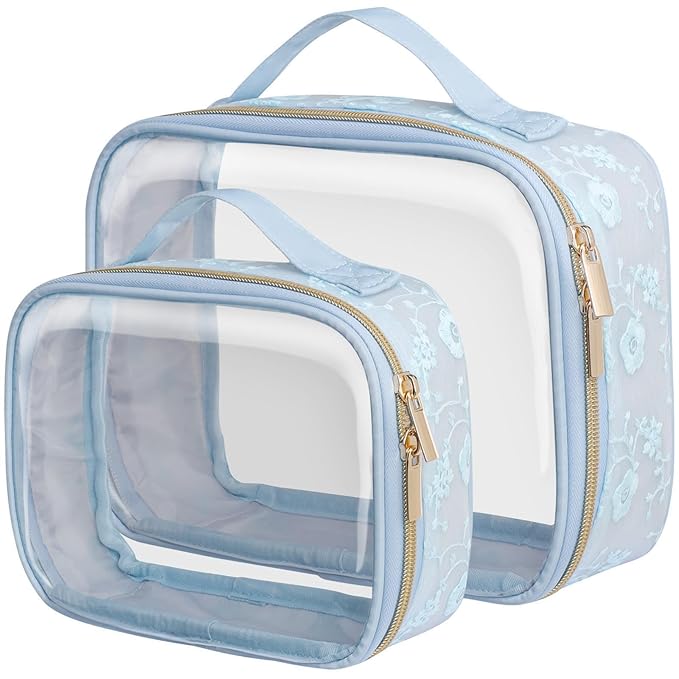PACKISM Stylish TSA Approved Toiletry Bag Set, Floral Lace, Clear Makeup Bag with Handle, 1 TSA Medium & 1 Large for Travel, Gift for Women, Blue