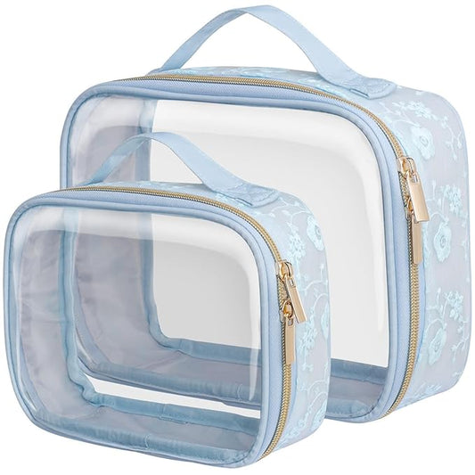 PACKISM Stylish TSA Approved Toiletry Bag Set, Floral Lace, Clear Makeup Bag with Handle, 1 TSA Medium & 1 Large for Travel, Gift for Women, Blue