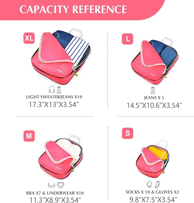 Gonex Compression Packing Cubes, 4pcs Expandable Storage Travel Luggage Bags Organizers (Bright Pink)