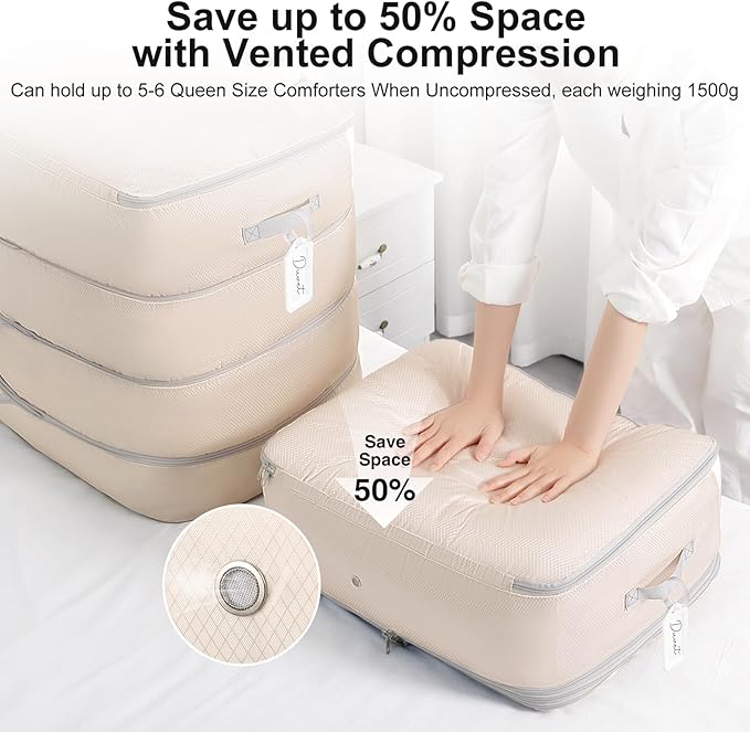 Comforter Storage Bag - Extra Large Capacity Blanket Storage Bags 4-Layer Ultra Space Saving Self Compression Organizer, Washable Compression Bags for Storage Comforter Blanket, 1-Pack, Beige
