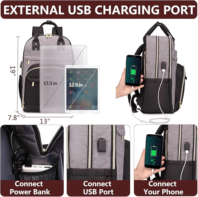 Laptop Backpack for Women Work Bag: College Backpacks 17.3 Inch with USB Charger School Book Bag Travel Computer Back Pack Casual Bookbags for Girls Teacher Black Grey