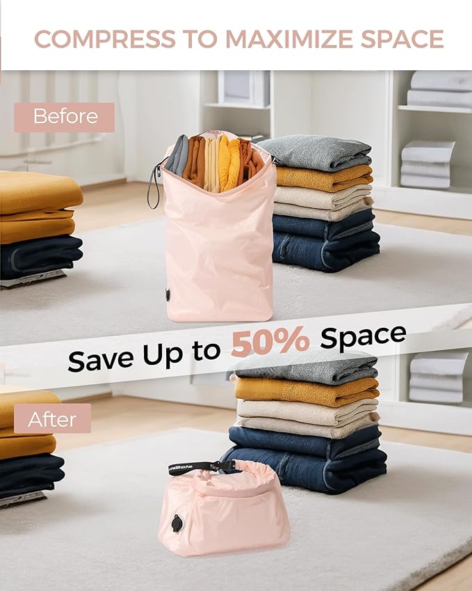 Travel Laundry Bag, Pump Free Vacuum Storage Bag Reusable Compression Dirty Clothes Travel Bag Waterproof Wet Dry Bags Large Capacity Space Saver Bags Camp Clothes Organizer (1 Pcs)(Pink, M)
