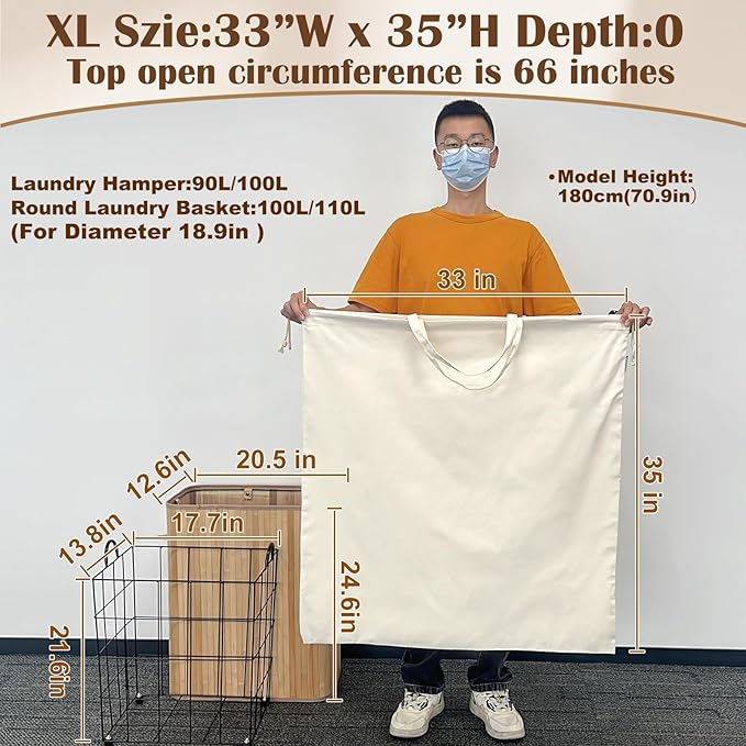 Canvas Laundry Bag 33"Wx 35"H, Thick Canvas Laundry Bag with Handles & Drawstring, Extra Large Heavy Duty Washable Basket Liner Hamper Liner Storage Sack (Beige XL, 1 Pack)