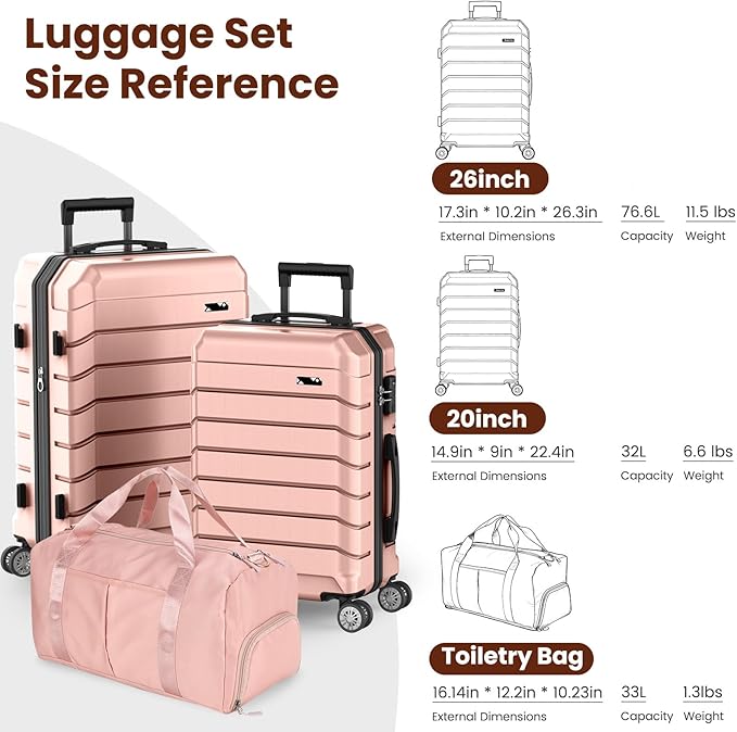 Luggage Sets 3 Piece, Hardside Carry On Suitcase with Spinner Wheels, Lightweight Durable Luggage for Travel | TSA Lock, Expandable Suitcase Set for Men and Women（20/26in） (Rose Gold)