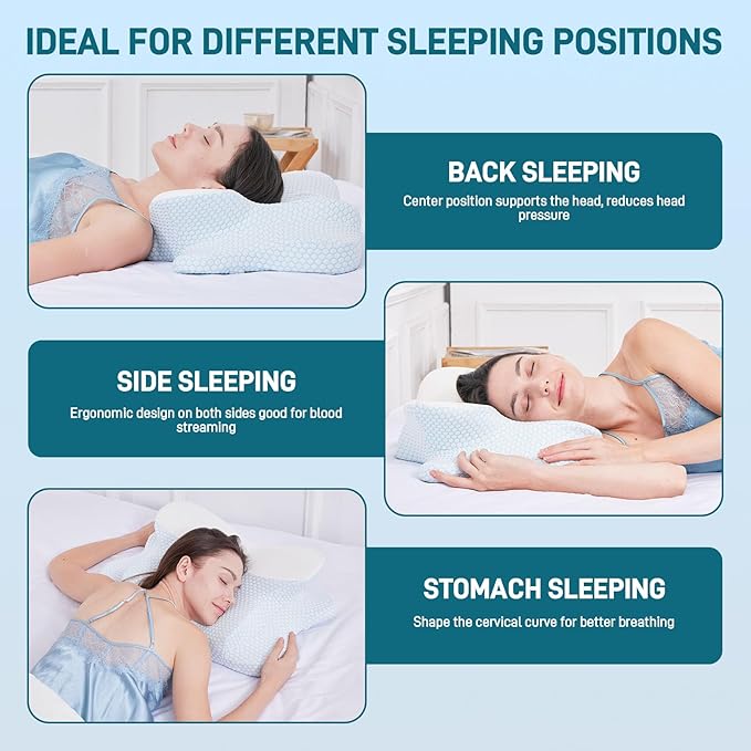 Cervical Neck Pillow - Memory Foam Pillow for Pain Relief Sleeping, Ergonomic Neck Support Contour Pillows for Side Back Stomach Sleepers,Orthopedic Breathable Pillowcase (Blue White)