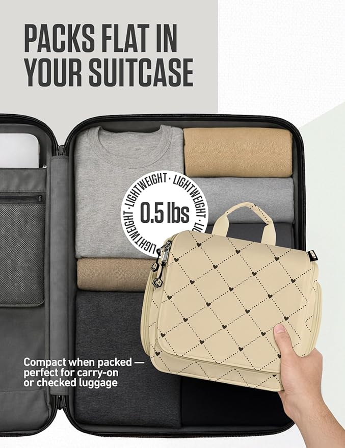 VENTURE 4TH Hanging Travel Toiletry Bag for Women & Men – Large Toiletry Organizer with 17 Compartments, Removable TSA Pouch, Travel Wash Bag for Toiletries, Makeup & Shaving Kit (Beige Diamonds)