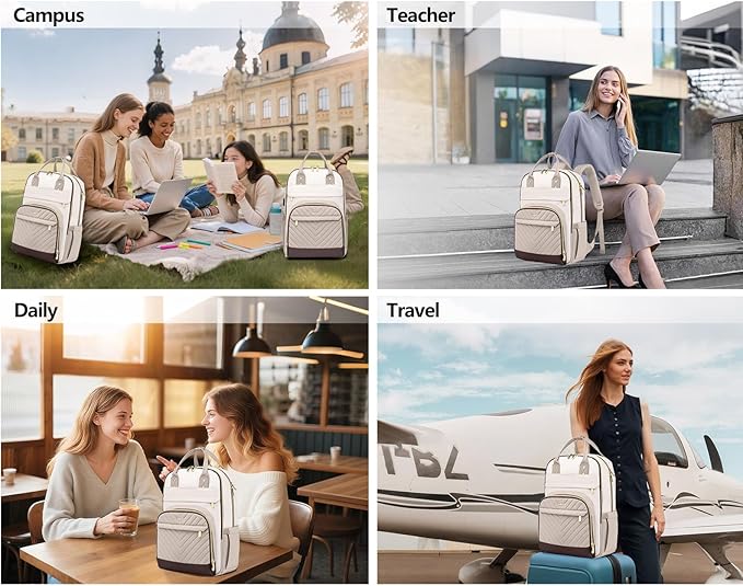 Laptop Backpack for Women Work Bag - 15.6 inch Travel Backpack Purse with USB Charger College Bookbag Waterproof Cute Casual Daypack Fashion Business Computer Backpacks for Teacher Nurse Beige Nude