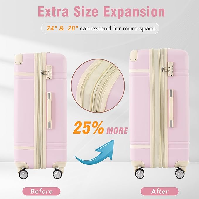 Merax Suitcase Set 28 inches Expandable Luggage with TSA Lock Spinner Wheels Hardshell Lightweight Vintage Luggage with Travel Bag,Light Pink