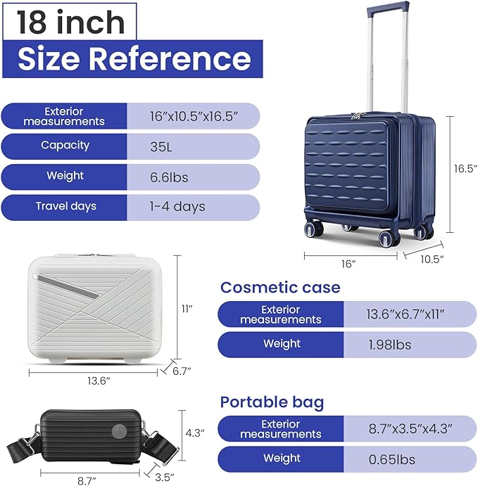3 Piece Luggage Set 16 Inch Carry On with Front Opening, Expandable PC Hardshell Suitcase with 14" Cosmetic Case & Handbag, Lightweight Underseat Rolling Luggage with TSA Lock & PVC Cover