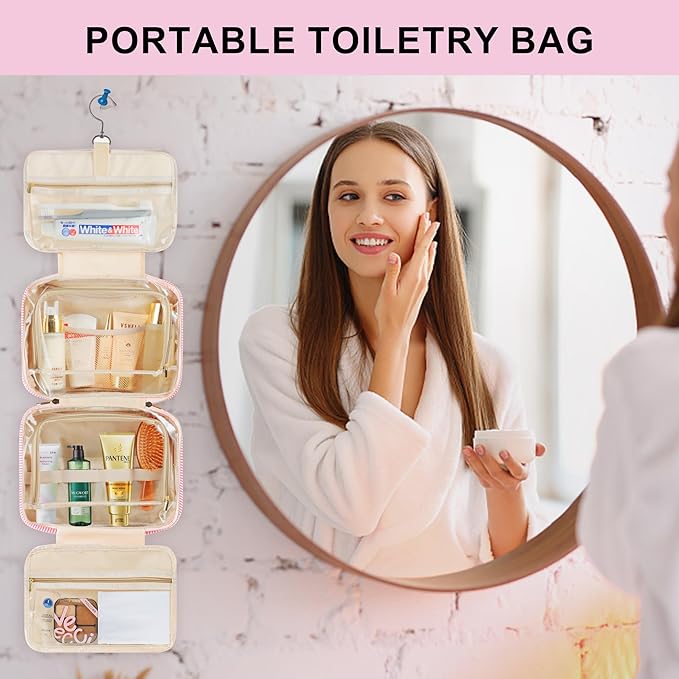 TOPEAST Travel Toiletry Bag for Women - Hanging Toiletry Bag, Personalized Initial Toiletry Bags for Traveling Women, Portable Travel Toiletry Bag for Toiletries, Cosmetics - Letter H,Pink
