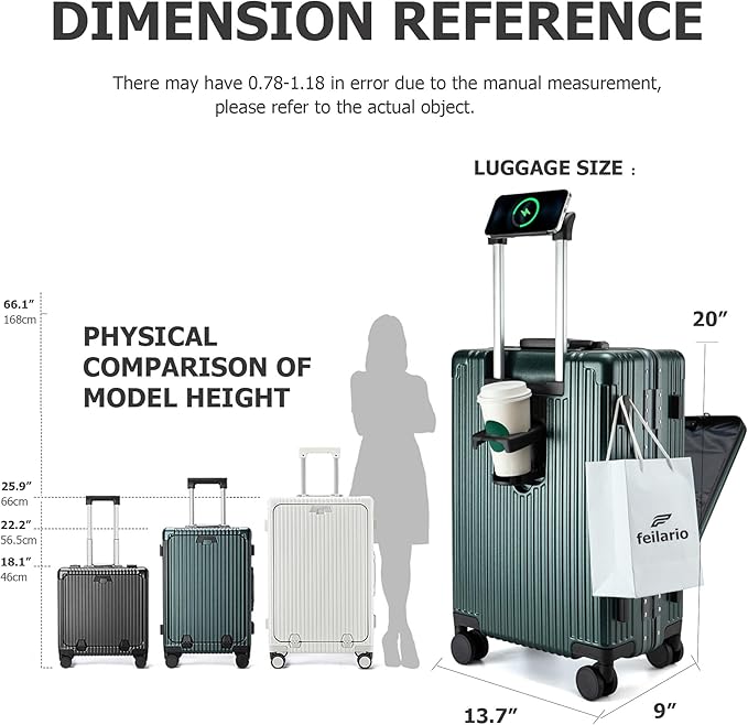 feilario Aluminium Frame PC Hard Shell Spinner Wheels Luggage,20.8"X15"X8.7 Airline Approved Built-In TSA lock Carry on Suitcase, with Cup Holder, USB Port, Phone Holder