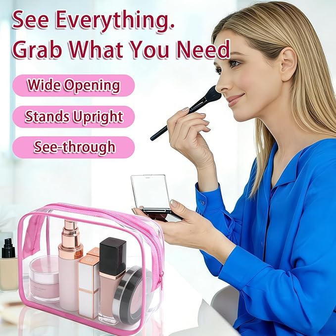 12 Pieces Clear Makeup Bags Bulk, TSA Approved Toiletry Bag PVC Cosmetic Toiletries Pouch with Zipper, Waterproof Vinyl Plastic Organizer Case for Carry-on Travel Essentials (Pink Medium)