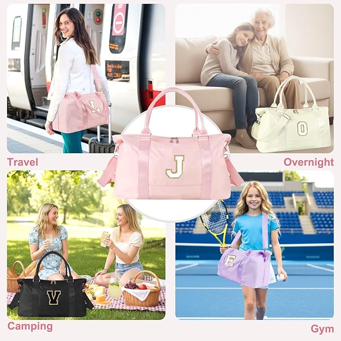 Dance Gym Duffel Bag for Teen Girls, Personalized Initial Travel Weekender Bag,Cute Overnight Carry On Duffle for Women,Sports Travel Cheer Bag,Monogram Christmas Gifts for Tween Preppy(pink-J)