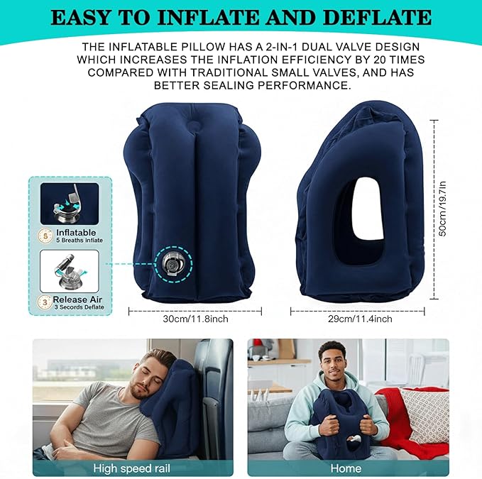 Inflatable Travel Pillows for Airplane, Blow Up Neck Pillow for Sleeping for Long Flight Support Neck,Head & Shoulder, Used for Travelling Car/Airplane/Office Nap-Comes with Eye Mask and Earplugs_Blue