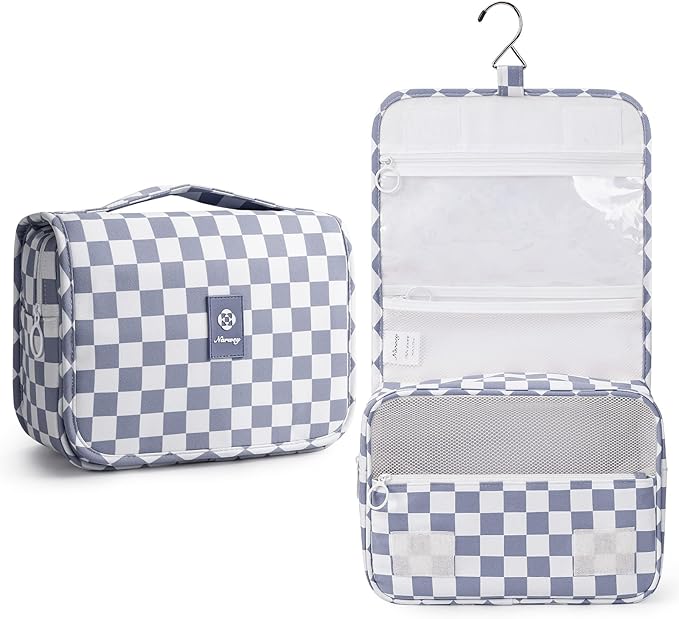 Narwey Small Hanging Travel Toiletry Bag for Traveling Women, Checkered Travel Bag for Toiletries, Makeup Bag Organizer Make Up Cosmetic Bags (Grayish Blue Checkerboard)