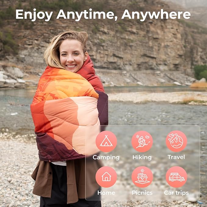 KingCamp Ultralight Camping Blanket, Packable Down Alternative Puffy Printed Wearable Blanket with Snap Buttons & Corner Loops Weatherproof Quilt for Outdoor Travel Stadium (78.7"L x 57.1"W, ORANGE)