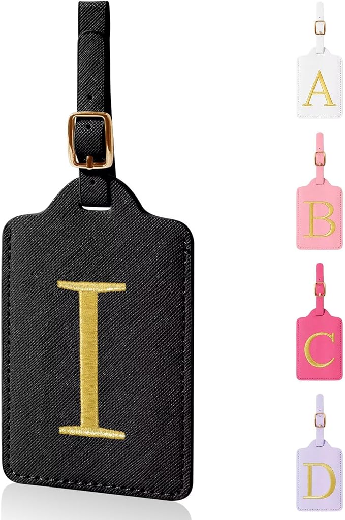 Personalized Initial Luggage Tags for Suitcases,Leather Letter Cute Luggage Tags with Privacy Name Card,Embroidered Monogrammed Travel Bag Backpack Tag Gifts for Women Kids Girls Teens(Black-I)