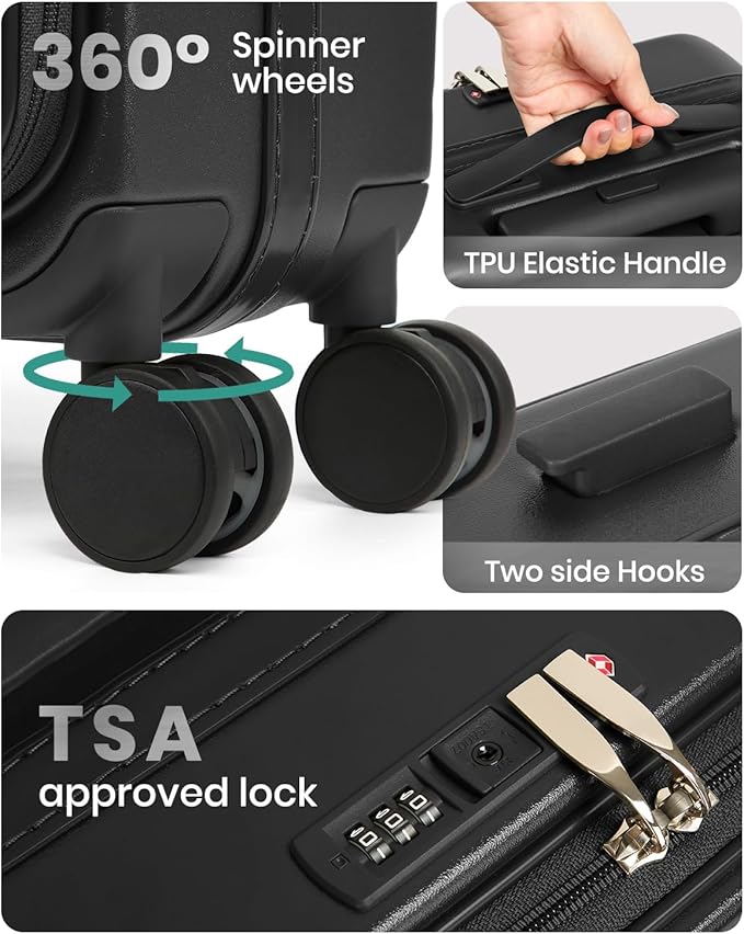 Joyway Luggage Set 3 Piece Top Opening Suitcase Set with Spinner Wheel and TSA Lock, PC Hard Shell Carry on Luggage with Front Pocket for Woman Men (Black)