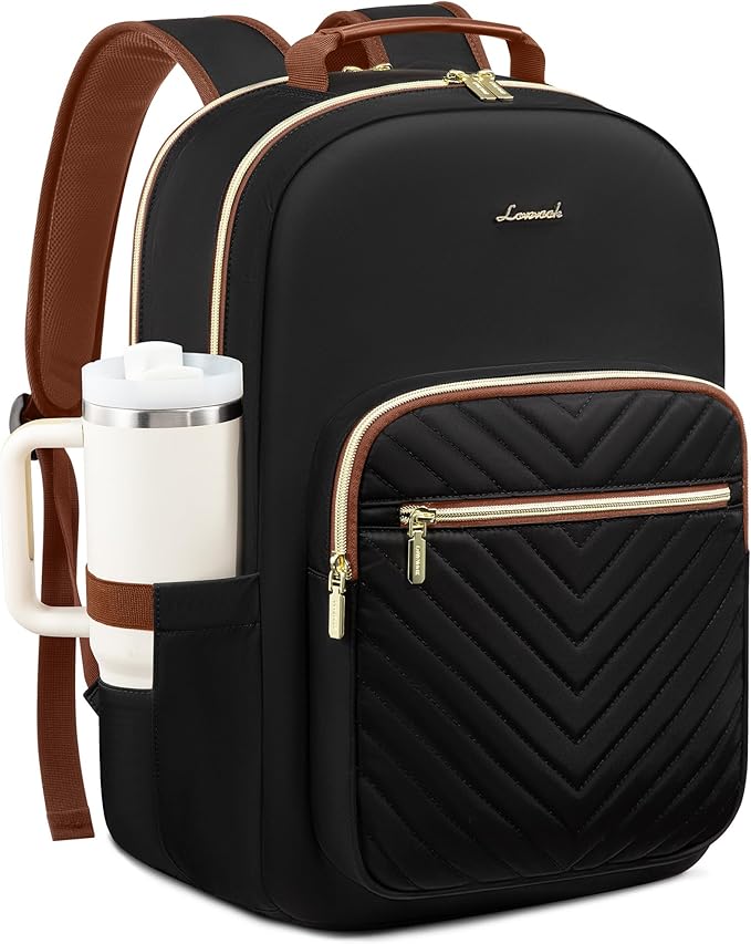 LOVEVOOK Laptop Backpack for Women with Giant Tumbler Holder 18.4 inch,Designer Travel Backpack Laptop Bag College Backpack,Quilted Work Nurse Teacher Backpack Purse Computer Bag Daypack,Black Brown