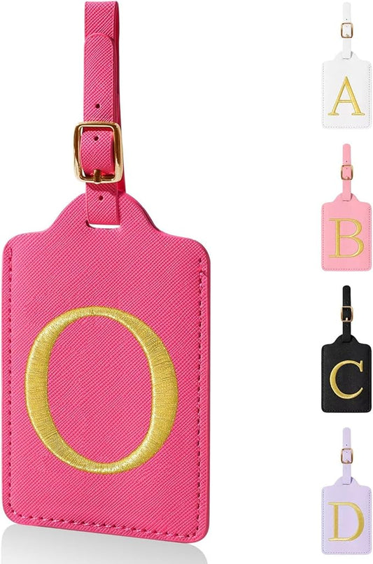 Personalized Initial Luggage Tags for Suitcases,Leather Letter Cute Luggage Tags with Privacy Name Card,Embroidered Monogrammed Travel Bag Backpack Tag Gifts for Women Kids Girls Teens(Rosered-O)