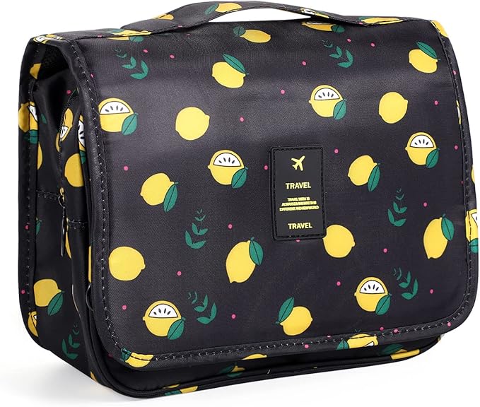 Pengxiaomei Hanging Toiletry Bag, Black Waterproof Cosmetic Bag Portable Lemon Makeup Pouch Travel Wash Bag with Handle for Kids Teen Girls Birthday Mothers Day Gifts