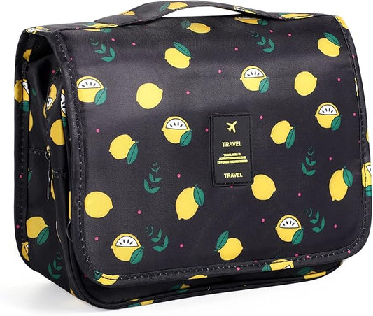 Pengxiaomei Hanging Toiletry Bag, Black Waterproof Cosmetic Bag Portable Lemon Makeup Pouch Travel Wash Bag with Handle for Kids Teen Girls Birthday Mothers Day Gifts