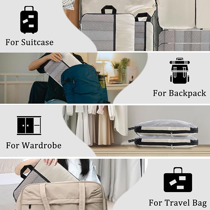 U+U 10 Set Compression Packing Cubes - Ultralight Cream Travel Organizers with Laundry Bag, Space-Saving Suitcase Organizer, Expandable Packing Cubes for Travel and Family Vacation (Cream)