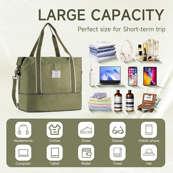 WALNEW Travel Duffel Bag, Weekender Overnight Carry On Bag for Women Men, Foldable Waterproof Gym Luggage Duffle Bag with Metal Buckle Detachable Shoulder Strap and Wet Compartment (Army Green)
