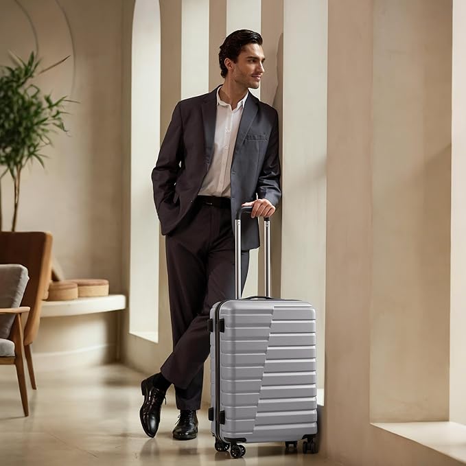 Coolife Medium Checked Luggage with Spinner Wheels, Hardside Suitcase TSA Lock Lightweight Travel Luggage 24-inch,Silver