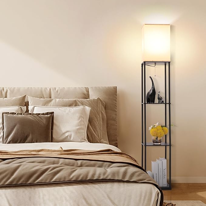 Gupuzm Floor Lamp with Shelves, Modern Square Standing Lamp with 3 Color Temperature Bulb, Corner Display Bookshelf Lamp for Living Room, Bedroom and Office (Black-2 Pack)