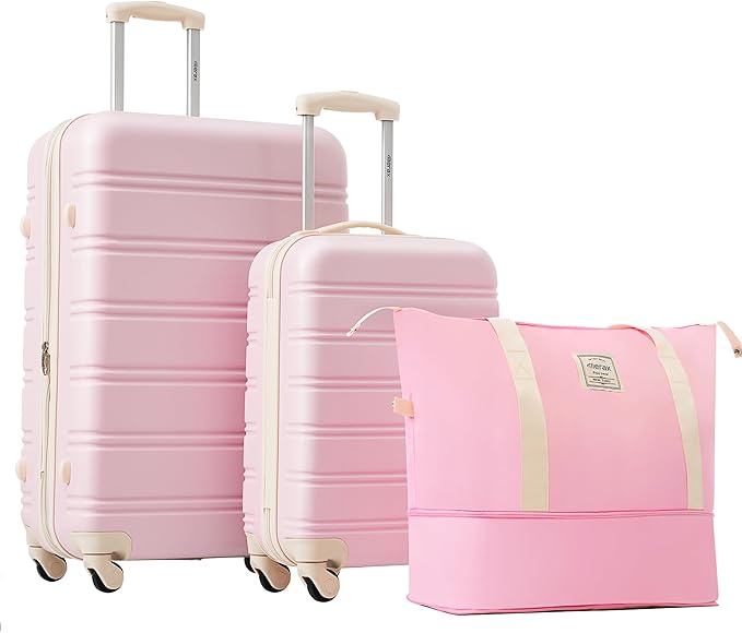 Merax Luggage Sets 2 Piece Expandable Hardside Luggage with Travel Bag Suitcase Set with Spinner Wheels(20+28+bag,Light Pink-1)
