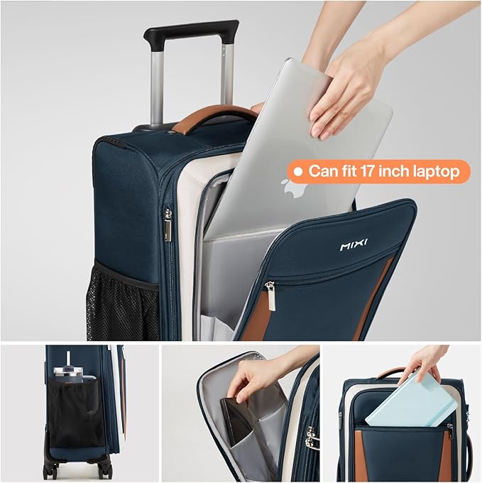 mixi Carry On Luggage 20 Inch Softside Expandable Suitcase with Front Pocket, 22x14x9 Airline Approved Rolling Lightweight Travel Suitcases with Wheels & TSA (Deep Blue-Off White)