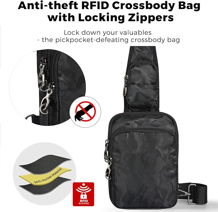 VADOO Sling Bag, Crossbody Bag with Zipper Lock, RFID Blocking & Water Resistant for Men and Women