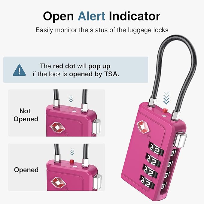 Puroma TSA Approved Luggage Travel Locks with Open Alert Indicator, 4 Digit Combination Resettable Code Zinc Alloy Lock for Suitcase, Backpack, Bag, Toolbox, Locker (2 Pack, Rose Red)