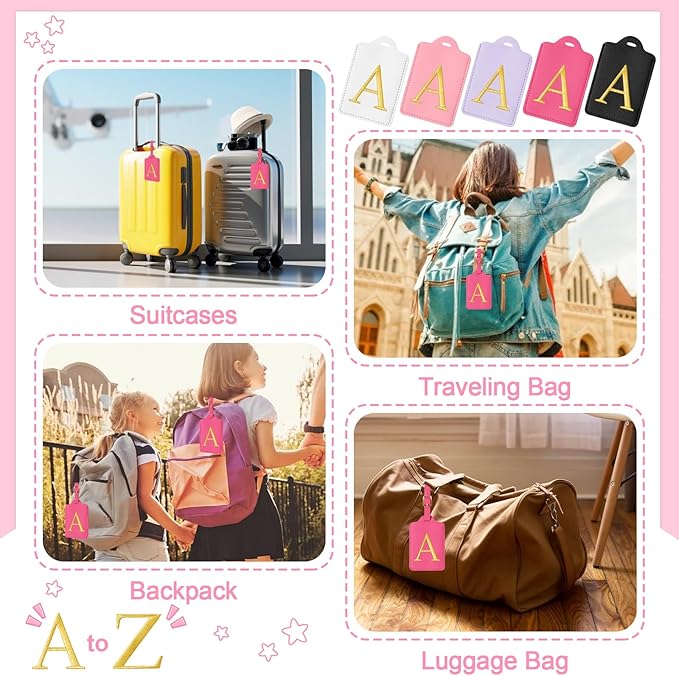 Initial Luggage Tags for Suitcases, Cute Embroidered Letter Luggage Bag Suitcase Identifier Name Baggage Tag, PU Leather Travel Luggage Tags, Bag Tags for Men Women Kids Luggage Handbags(Rosered A)
