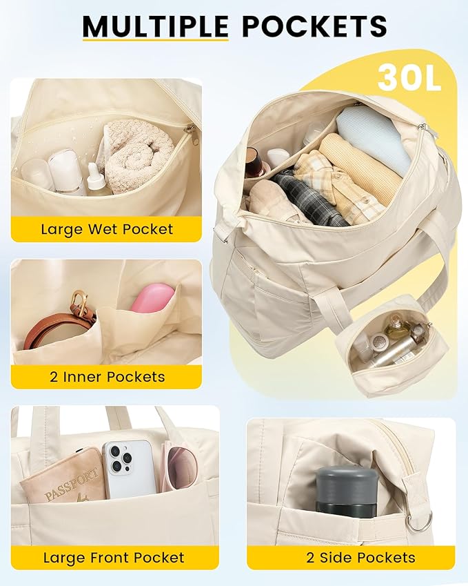 Vorspack Duffle Bag for Travel - 30L Gym Bag for Women Men Personal Item Travel Bag with Shoe Pocket Toiletry Bag Lightweight Carry On Bag for Weekender Overnight Sports - Beige
