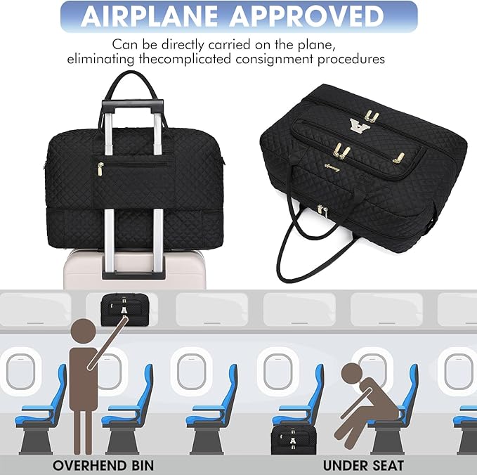 Initial Travel Duffle Bag for Women - Black Personalized Weekender bags Overnight Bag with Shoe Compartment & Wet Pocket Weekend Tote Bags with Toiletry Bag Monogram Christmas Gifts (Letter A)