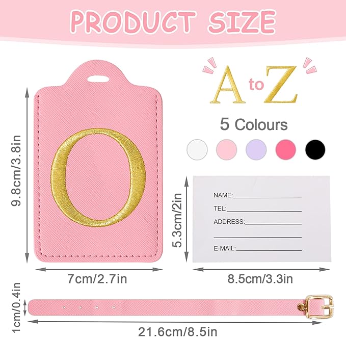 Initial Letter Luggage Tags for Suitcases, Personalized Embroidered Letter Luggage Bag Suitcase Identifier Name Tag, Cute PU Leather Travel Luggage Tags, Bag Tags for Luggage Handbags(Pink O)