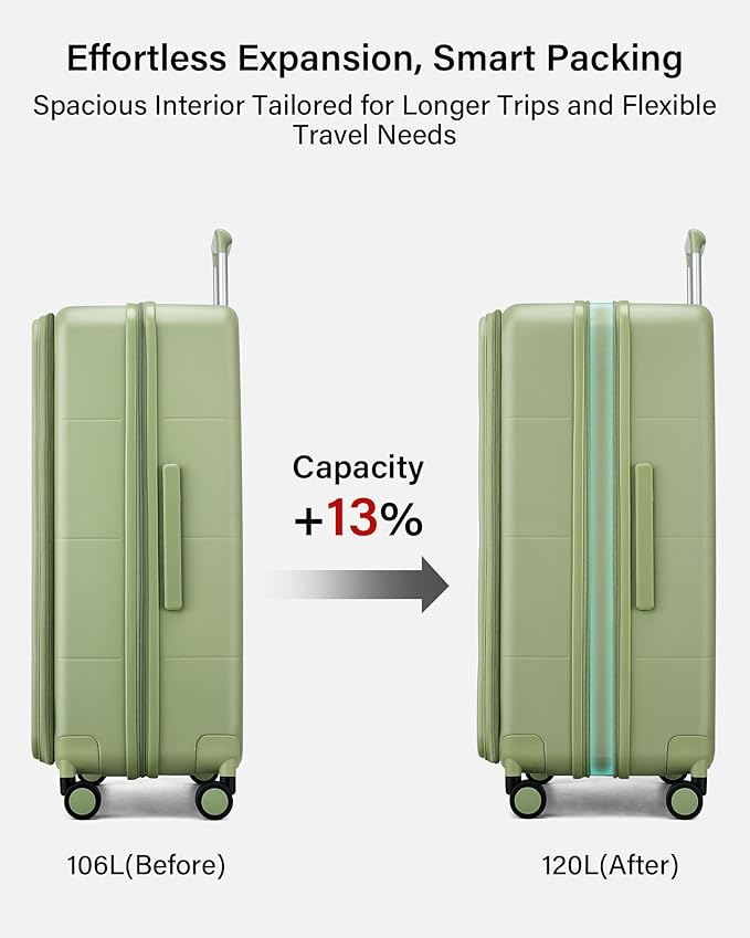 Hanke Hardside Expandable Large Checked Luggage, 28 Inch Top Opening Trunk Luggages with Spinner Wheels, All-PC Hard Shell Suitcase, Lightweight TSA Approved (Bamboo Green, 120L)