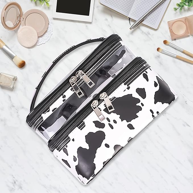 Double-layer Cosmetic Bag Makeup Bag Travel Makeup Bag Makeup Bags for Women Cosmetics Cases Portable Waterproof Foldable (Cow Print)