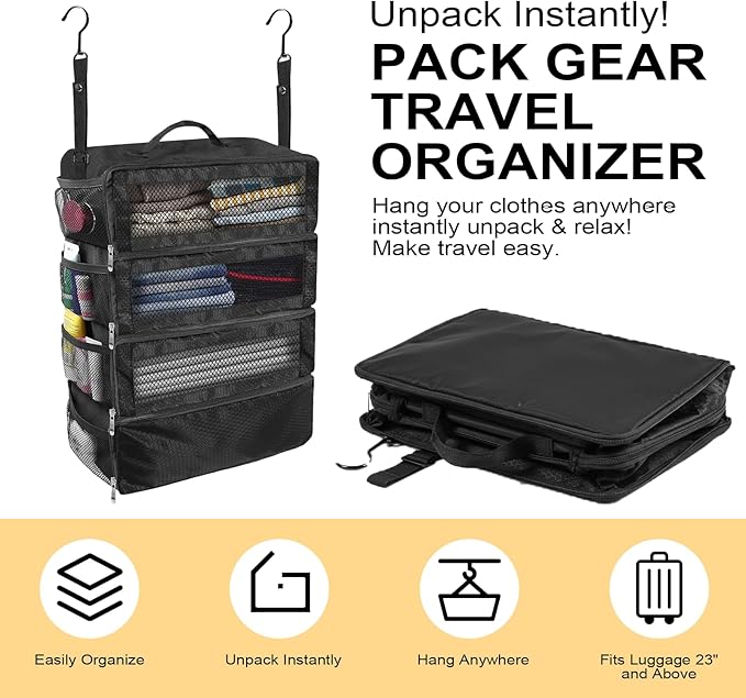Suitcase Organizer, Travel Luggage Organizer Portable Hanging Travel Shelves Collapsible Hanging Packing Cubes for Carry on Suitcase with 5 Medium Vacuum Storage Bags and Hand Pump,Black