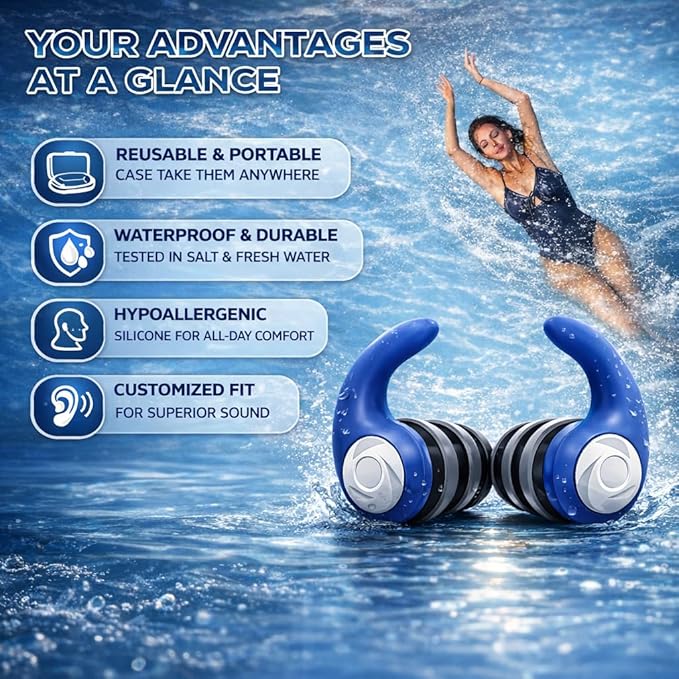 Waterproof Swimming Ear Plugs for Adults - 3 Pairs of Reusable Soft Silicone Swim Earplugs,Perfect for Surfing, Diving,Pool,Showering and Other Water Sports - Keep Water Out and Ear Protection