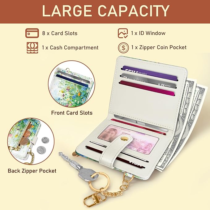 Jogjam Floral Green Rfid Ladies Wallet, Small Slim Thin Compact Credit Card Women Wallet, Spring Flowers PU Leather Bifold Cash Zipper Coin Pocket ID Window for Female